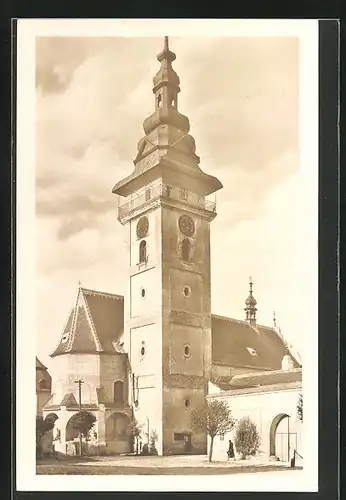 AK Moravské Budejovice, Kirche im Sonnenschein