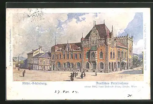 Künstler-AK Mähr. Schönberg, Detusches Vereinshaus, erbaut 1902 durch Architekt Georg Berger