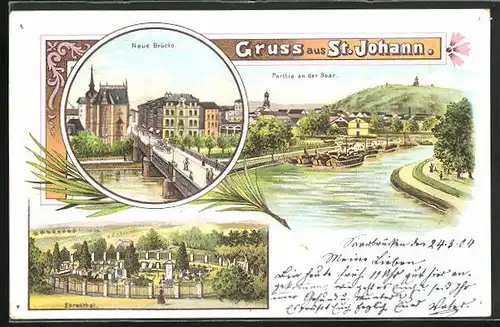 Lithographie St. Johann, Brücke, Saar, Ehrenthal