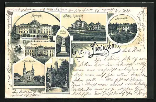 Lithographie Ludwigsburg, Schloss, Stadt-Kirche, Schiller-Denkmal
