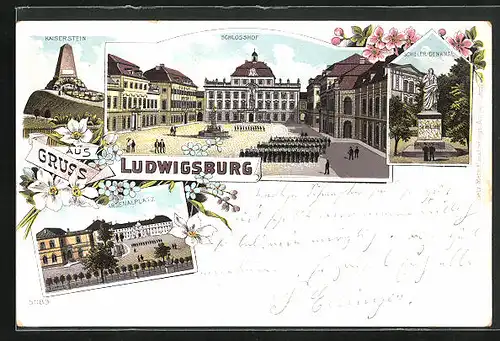 Lithographie Ludwigsburg, Schlosshof, Kaiserstein, Arsenalplatz