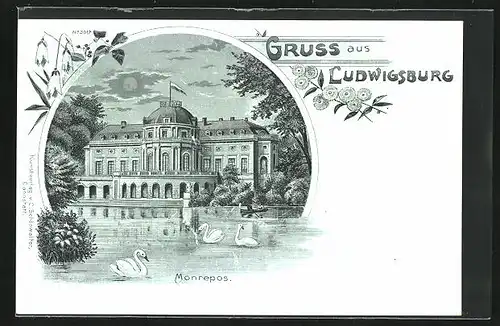 Mondschein-Lithographie Ludwigsburg, Monrepos mit Schwänen