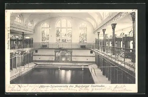 AK Augsburg, Männer-Schwimmhalle des Stadtbades, Innenansicht