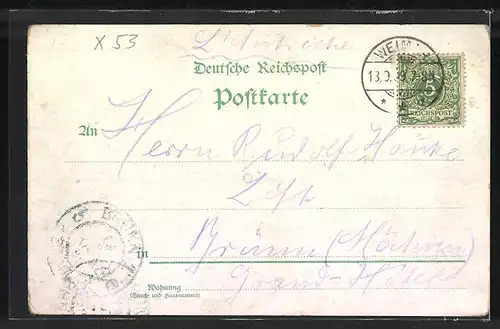 Lithographie Weimar, Römisches Haus, Krieger-Denkmal, Post-Amt