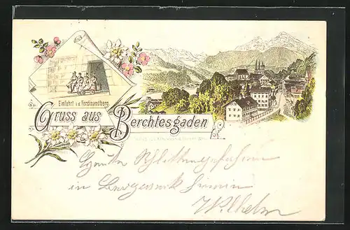 Lithographie Berchtesgaden, Ortsansicht und Ferdinandberg