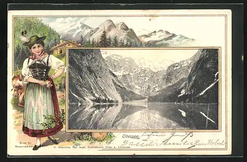 Passepartout-Lithographie Königssee, See und Bauernmädchen