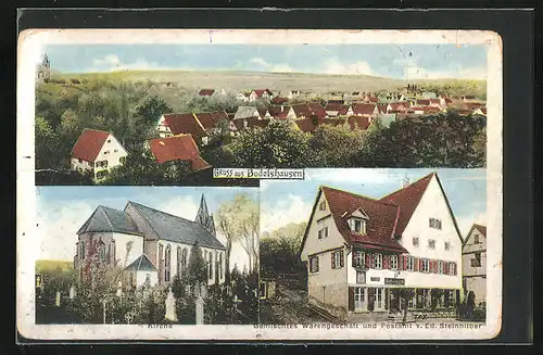 AK Bodelshausen, Ortsansicht, Kirche, Postamt und Geschäft Steinhilber