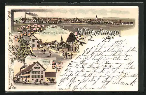 Lithographie Winterlingen, Marktplatz m. Rathaus, Gasthaus zum Kreuz