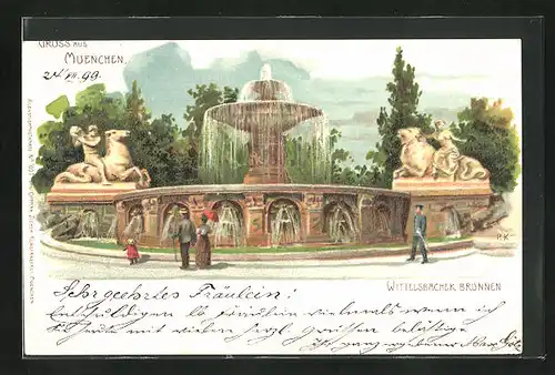 Lithographie München, Wittelsbacherbrunnen mit Passanten