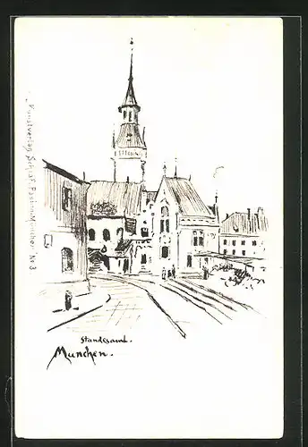 Künstler-AK München, Strassenpartie mit Blick auf das Standesamt
