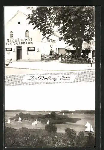 AK Berlin-Kladow, Gasthaus zum Dorfkrug, Blick aufs Wasser mit Segelbooten