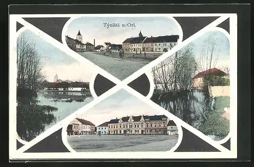 AK Tyniste n. Orl., Gesamtansicht, Marktplatz & Partie am Fluss