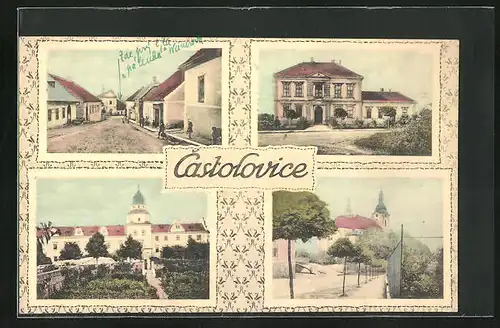 AK Castolovice, Strassenpartie, Kirche, Blick zum Schloss