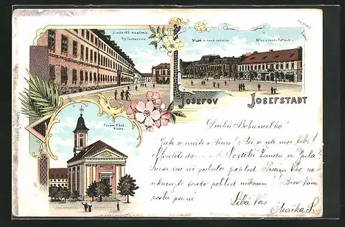 Lithographie Josefstadt / Josefov / Jaromer, Stare a nova radnice, Chram Pane, Jizdecke kasarna
