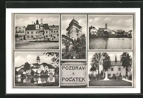 AK Pozdrav z Pocatek, Stadtplatz mit Hotel und Denkmal, Kirche mit Friedhof