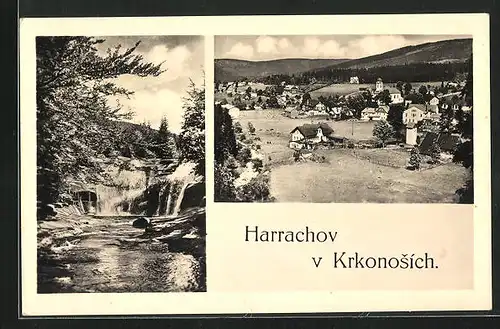 AK Harrachov v Krkonosich, Ortsansicht, Wasserfall