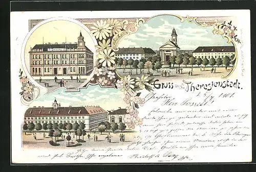 Lithographie Theresienstadt / Terezin, Gebäude U. Zalosny, Mehrfachansicht