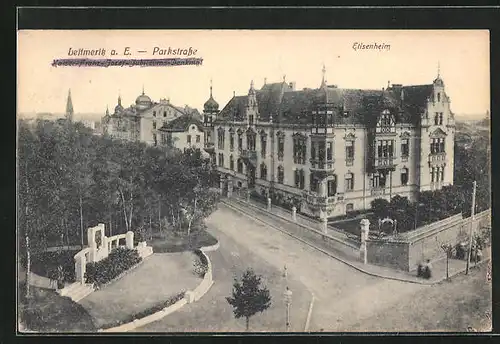 AK Leitmeritz / Litomerice, Blick in die Parkstrasse mit Elisenheim