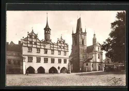 AK Leitmeritz / Litomerice, Blick auf das Rathaus und Stadtkirche