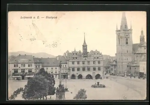 AK Leitmeritz / Litomerice, Blick auf den Stadtplatz mit Kirche