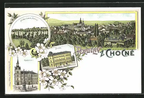 Lithographie Chotzen / Chocen, Skola, Radnice, Panorama & Felsformation