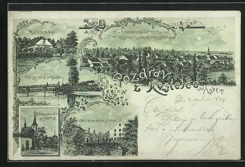 Mondschein-Lithographie Kostelec Nad Labem, Panorama der Stadt, Kirche & Brückenpartie