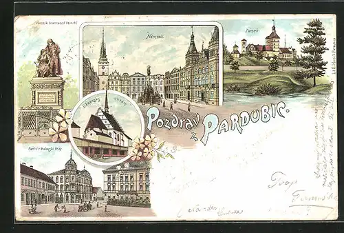 Lithographie Pardubice, Pomnik bratrancu Veverku, Namesti, Dekansky chram, Zamek