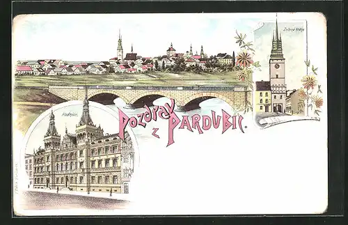 Lithographie Pardubice, Radnice, Zelena brana, Totalansicht, Celkovy pohled