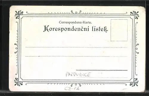 Lithographie Pardubice, Radnice, Zelena brana, Totalansicht, Celkovy pohled