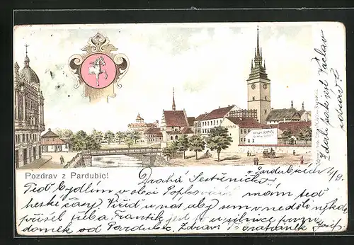 Lithographie Pardubice, Totalansicht mit Rathaus, Stadtwappen