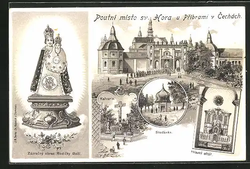 Lithographie Pribram, Poutni misto sv. Hora, Studanka, Hlavni oltar, Zazracny obraz Rodicky Bozi