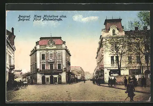 AK Belgrad, Fürst Michaelstrasse mit Passanten