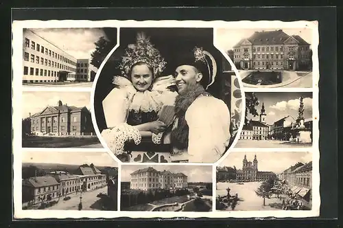 AK Uherske Hradiste, Paar in Tracht, Gebäudeansicht, Denkmal