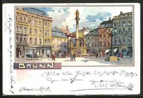 Künstler-AK Brünn / Brno, Grosser Platz mit Denkmal & Ladengeschäften