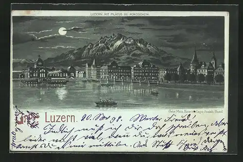 Mondschein-Lithographie Luzern, Stadtansicht mit Pilatus