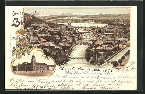 Lithographie Zürich, Postgebäude, Gesamtansicht