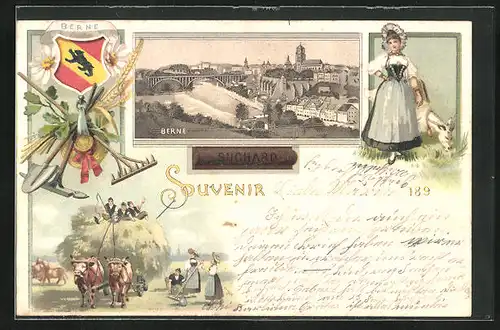 Lithographie Berne, Wappen, Tracht, Blick zum Ort