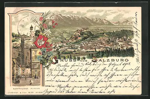 Lithographie Salzburg, Elektrischer Aufzug, Wappen, Gesamtansicht