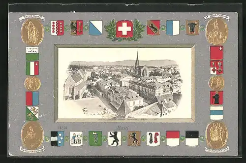 Passepartout-AK Basel, Blick über die Stadt, Wappen und Denkmäler