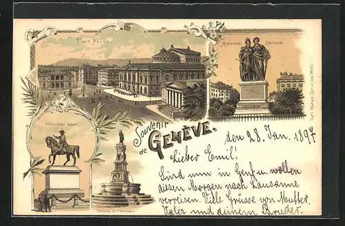 Lithographie Geneve, Place Neuve, Monument National, Monument Dufour