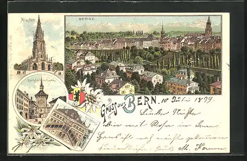 Lithographie Bern, Panorama der Stadt, Münster, Rathaus