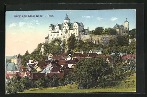 AK Ranis i. Thür., Blick auf Burg und Stadt im Abendlicht