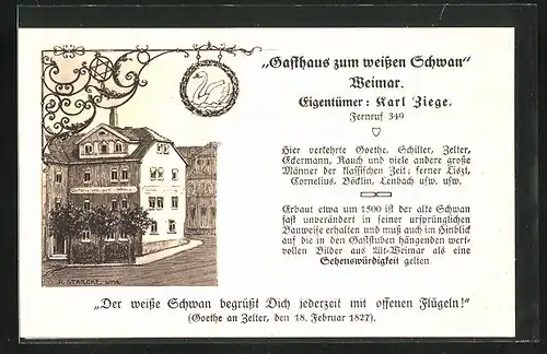 Künstler-AK Weimar, Gasthaus zum weissen Schwan von Karl Biege