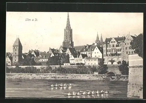 AK Ulm a. D., Blick über Donau auf Kirche, Ruderboote