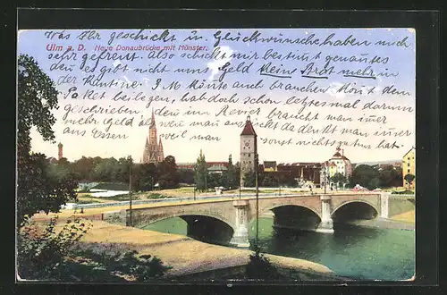 AK Ulm a. D., Blick auf die Neue Donaubrücke mit Münster