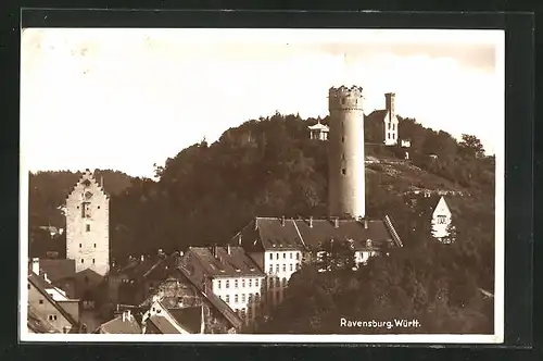 AK Ravensburg /Württ., Blick über den Ort auf Turm