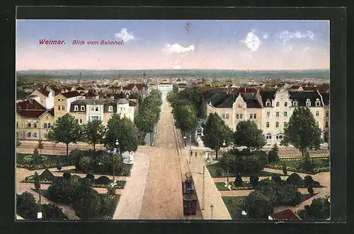 AK Weimar, Blick vom Bahnhof, Strassenbahn