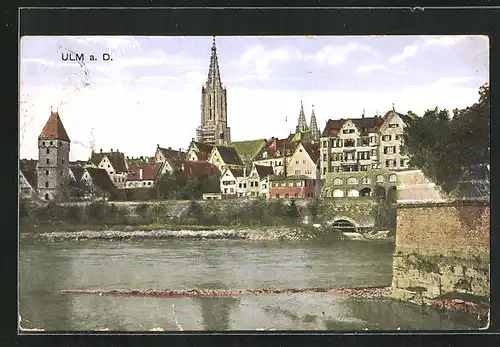 AK Ulm a. D., Blick über die Donau, Münster
