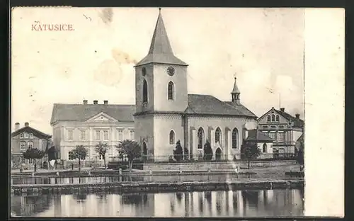 AK Katusice, Blick über den Fluss zur Kirche