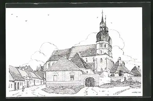 Künstler-AK Trnava, Hruby kostol, Ortspartie mit Kirche